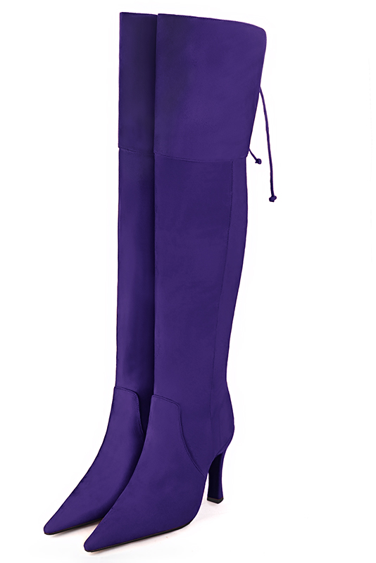 Violet purple women's leather thigh-high boots. Pointed toe. Very high spool heels. Made to measure. Front view - Florence KOOIJMAN